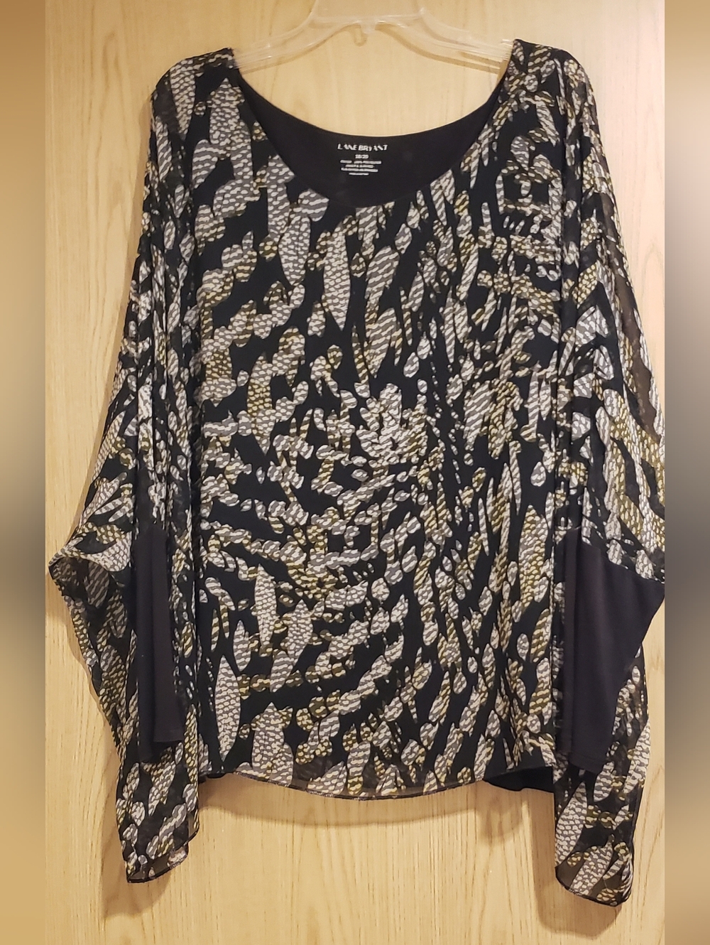 Black And Gray Patterned Sheer Blouse with Black Lining And Black Cuffs